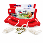 Red adjustable children's outdoor swing with ropes, hooks and packaging