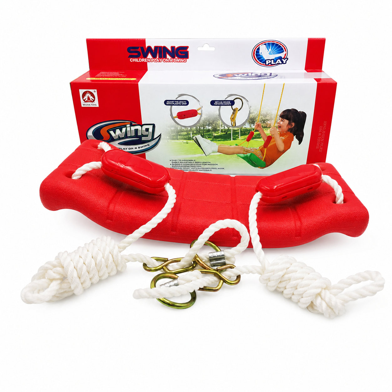 Red adjustable children's outdoor swing with ropes, hooks and packaging