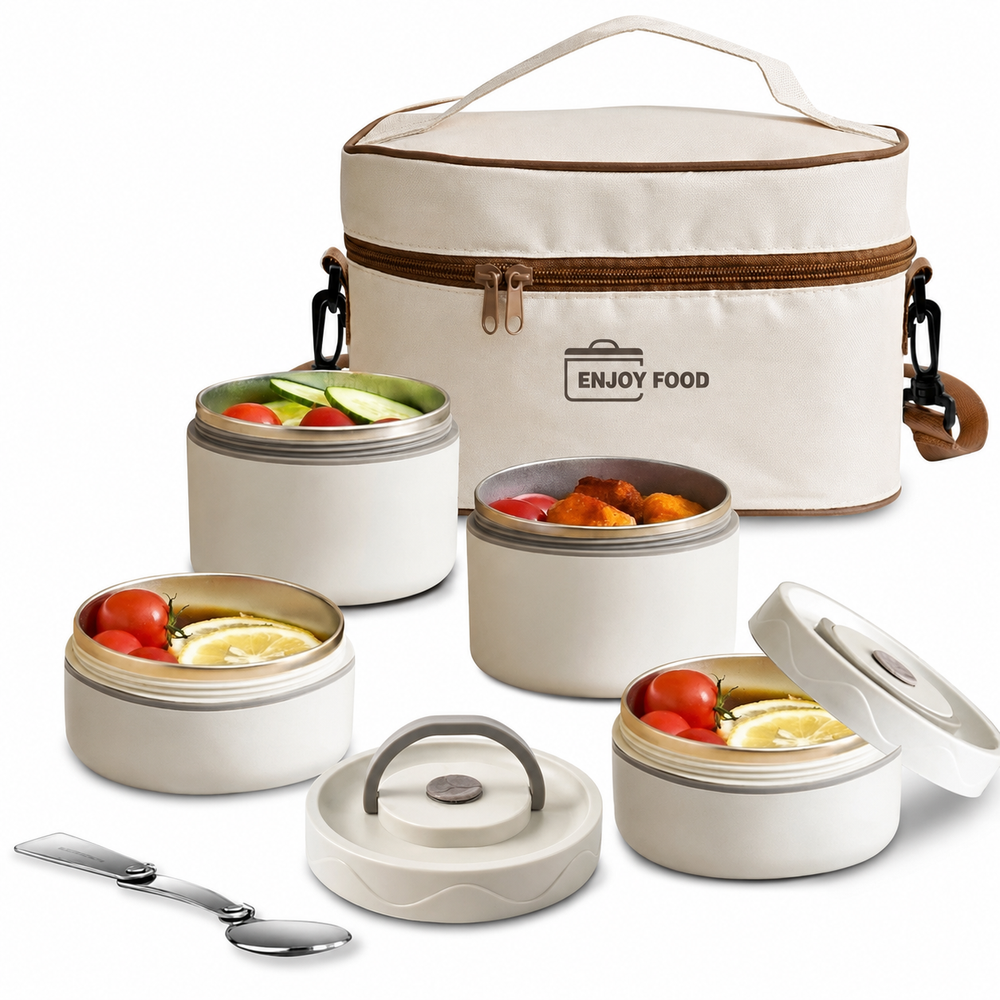 Beige Insulated Four-Container Lunch Set