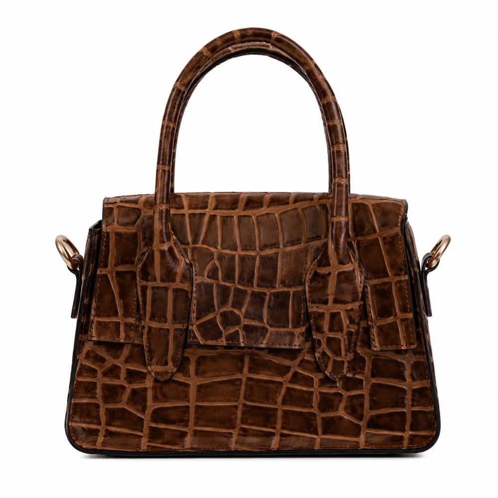 Warm-Brown Crocodile-Embossed Structured Handbag