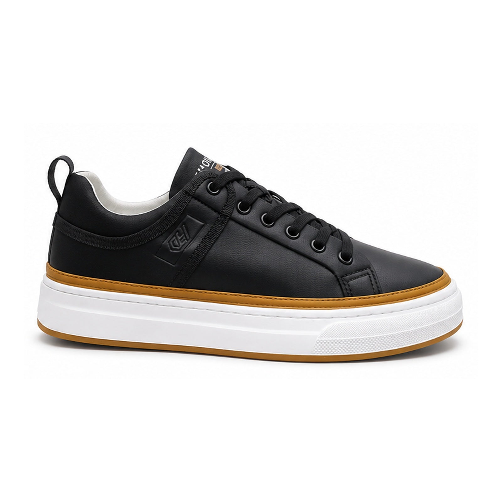 Black platform sneaker with white sole and mustard trim