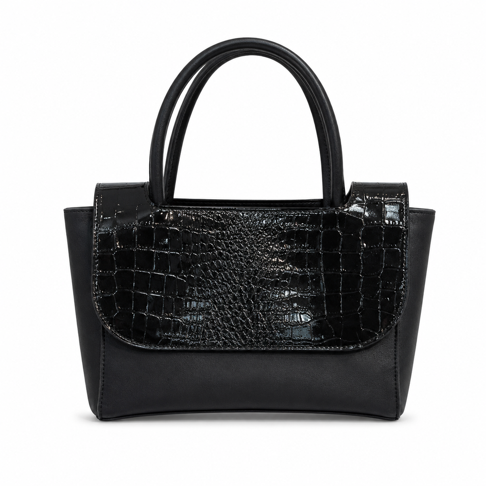 Black Crocodile-Flap Top-Handle Handbag