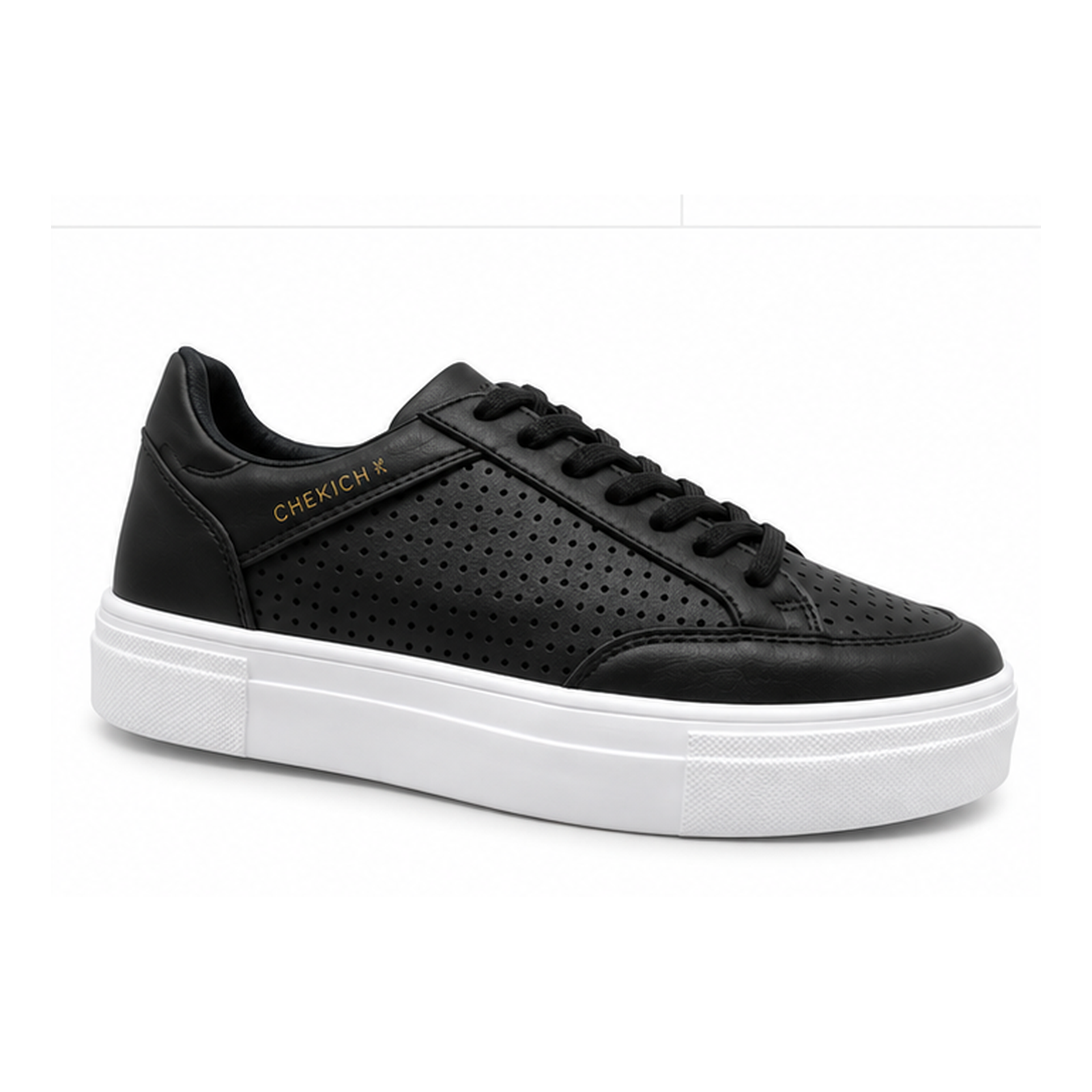 Black perforated platform sneaker on a clean white background