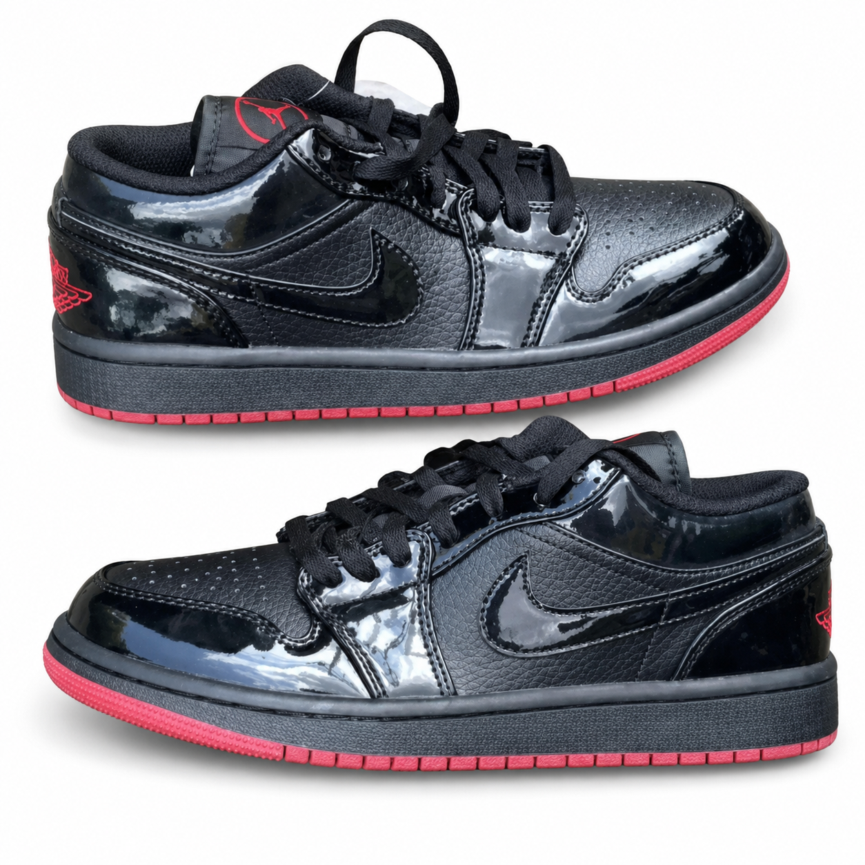Black and red patent low-top sneakers on a white background