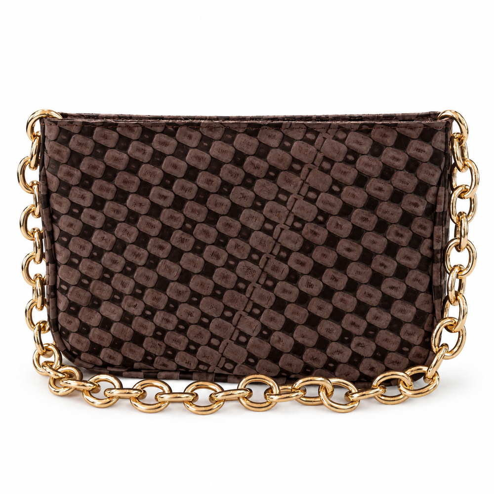 Dark-Brown Patterned Gold-Chain Bag