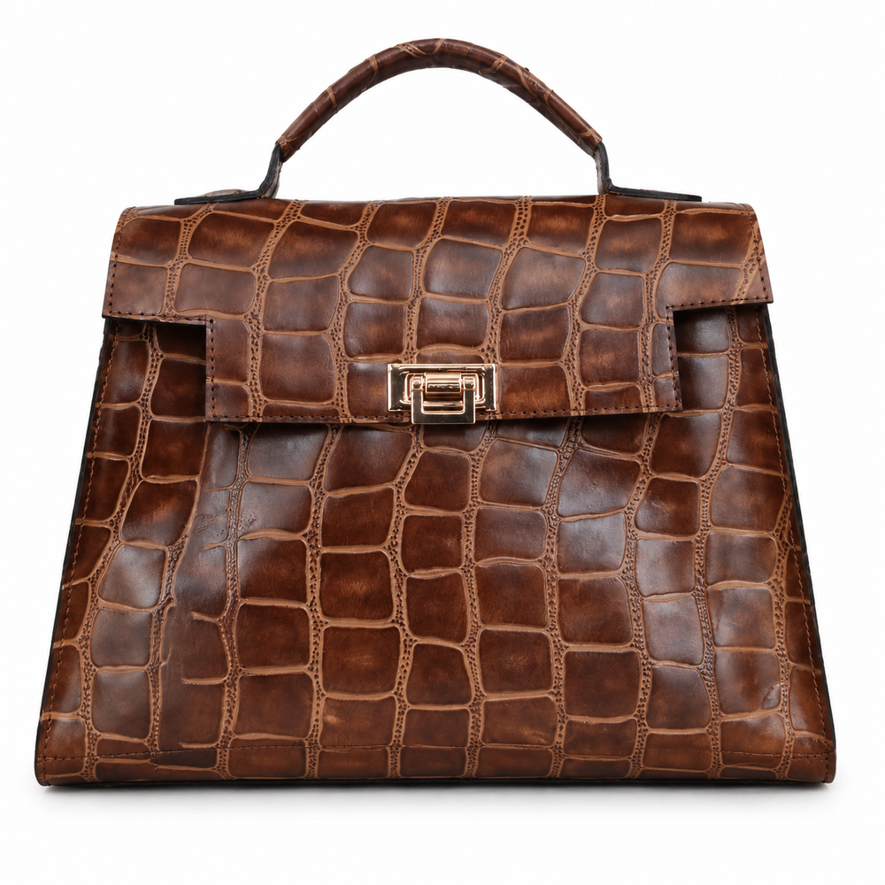 Brown Oversized Crocodile-Pattern Top-Handle Bag