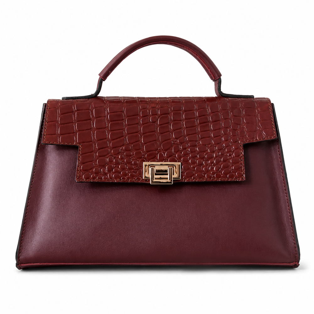 Burgundy Crocodile-Flap Top-Handle Handbag
