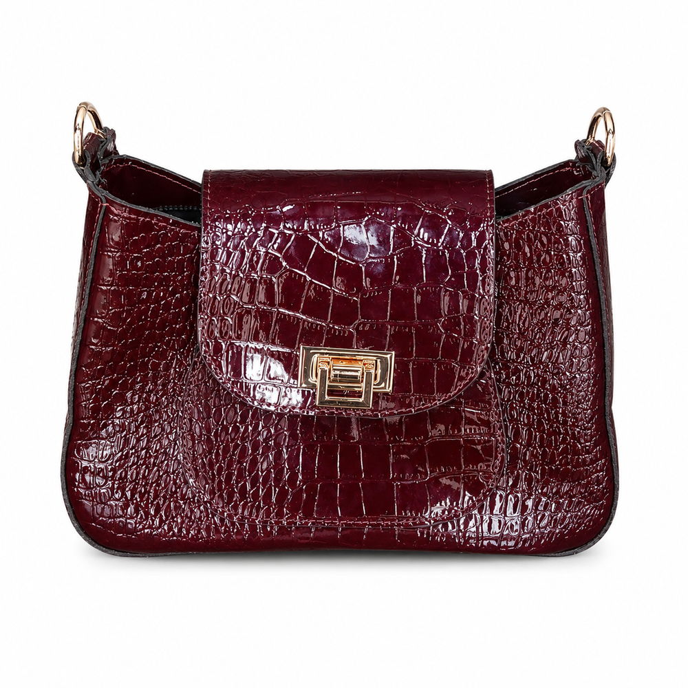 Glossy Burgundy Crocodile-Embossed Shoulder Bag