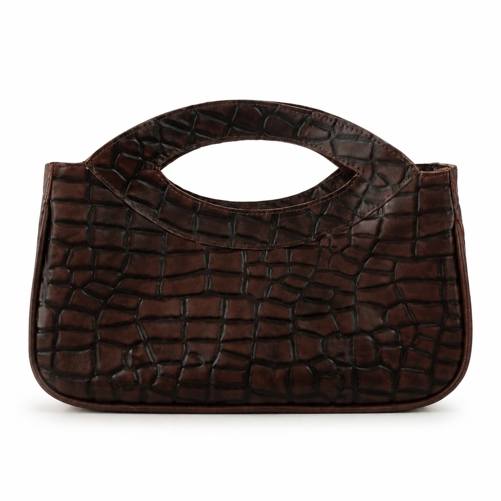 Dark-Brown Crocodile-Embossed Oval-Handle Bag