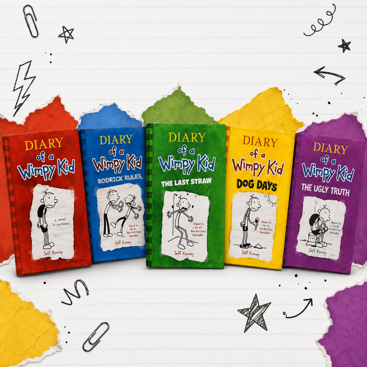 Diary of a Wimpy Kid Volumes 1 to 5 collection in a colorful notebook-inspired display