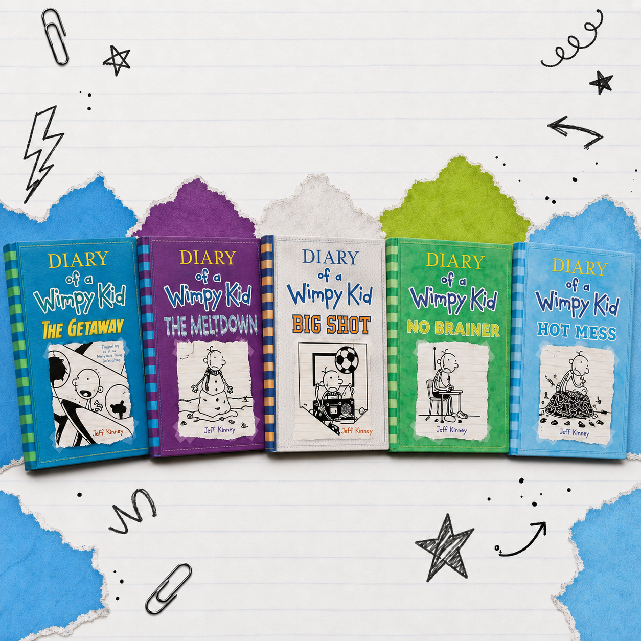 Diary of a Wimpy Kid Volumes 11 to 15 five-book collection in a colorful notebook-inspired display