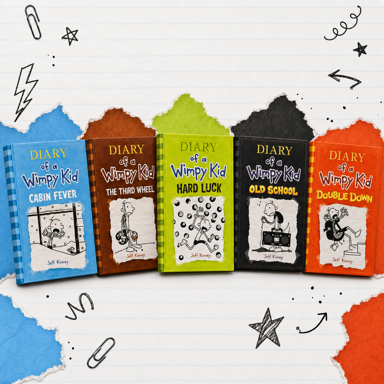 Diary of a Wimpy Kid Volumes 6 to 10 five-book collection in a colorful notebook-inspired display