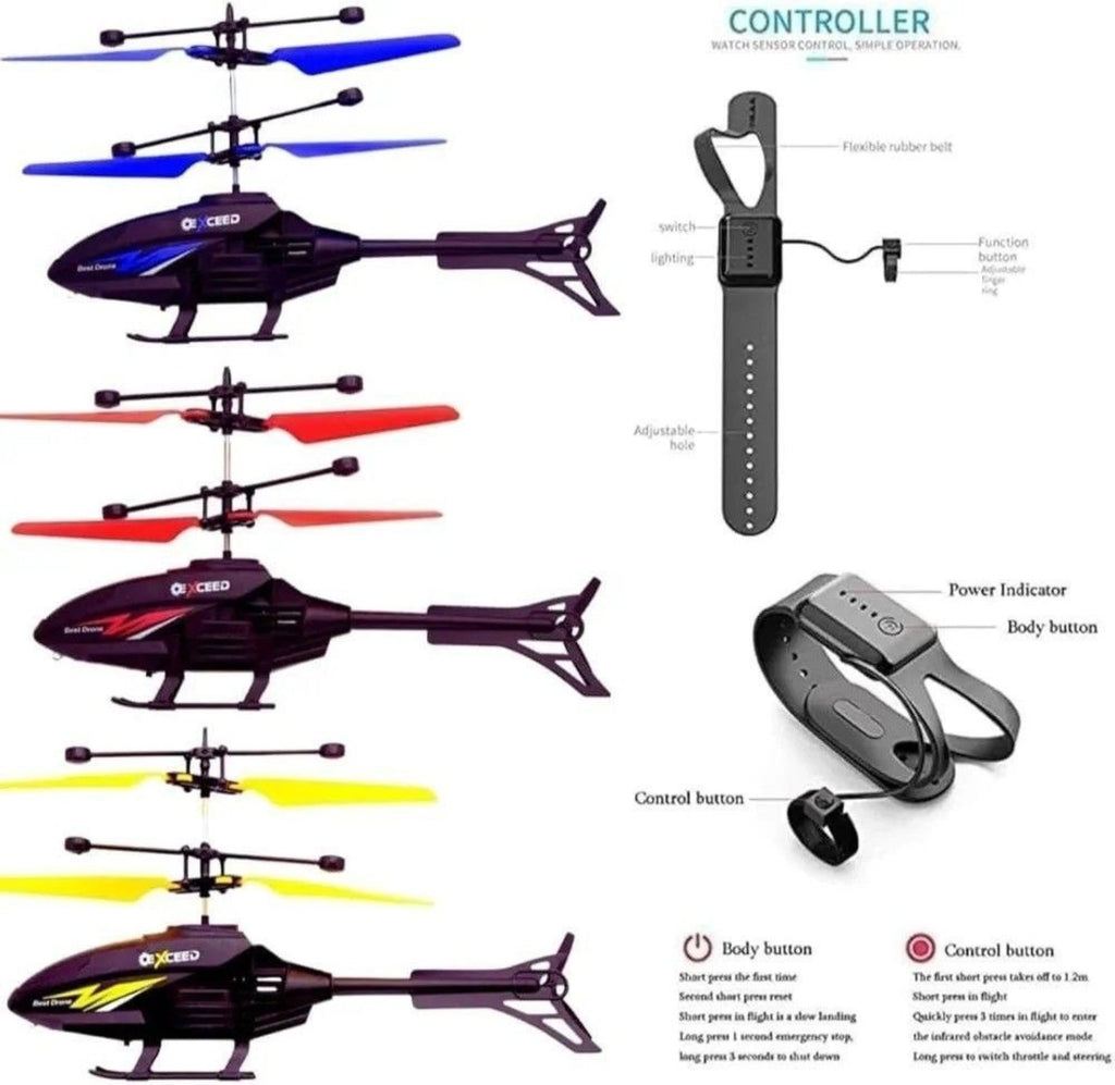 Dynamic toy helicopter colors and wristband controller guide