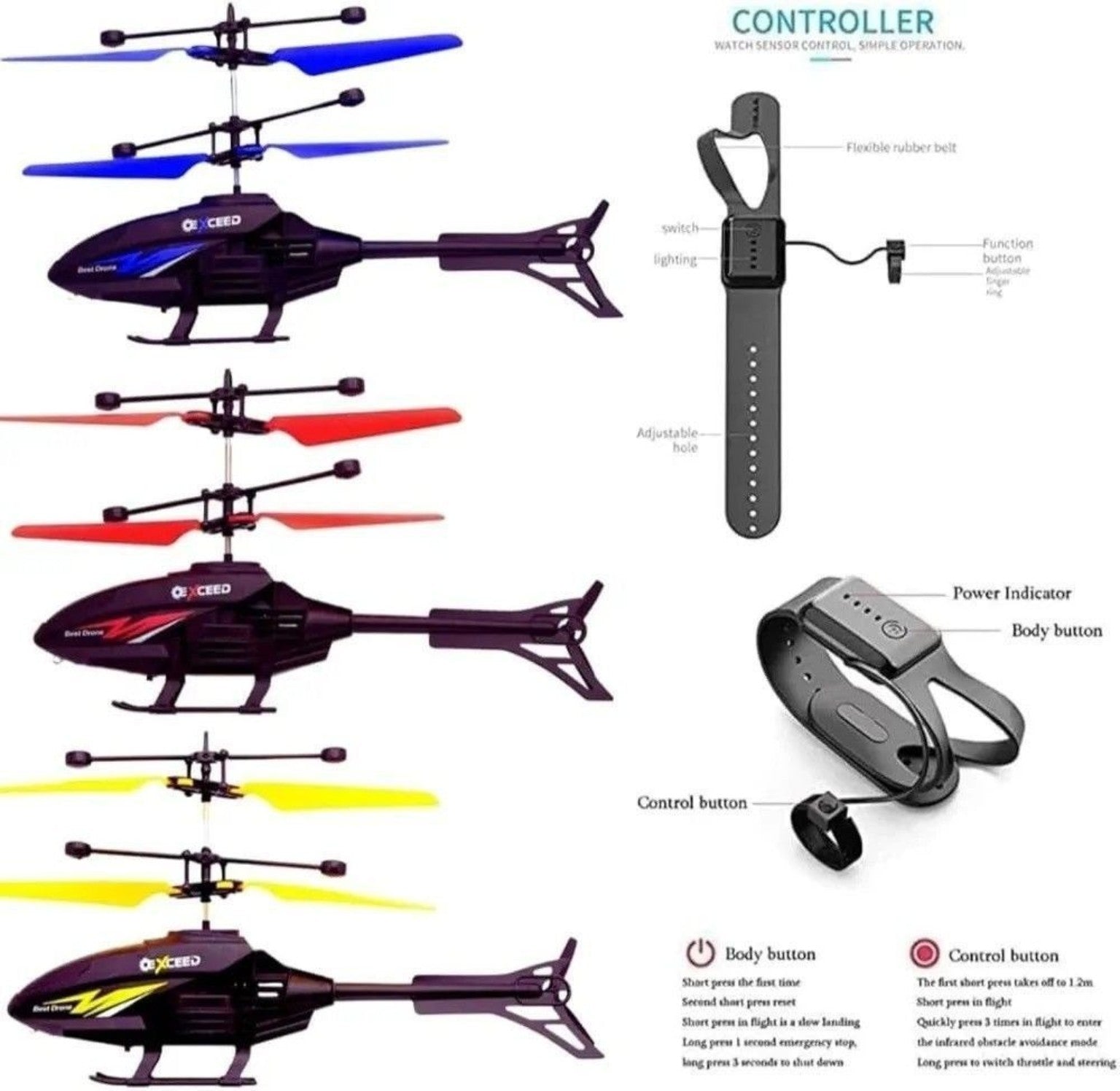 Dynamic toy helicopter colors and wristband controller guide
