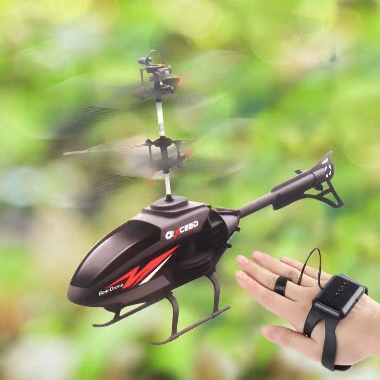 Dynamic toy helicopter flying with palm sensor and wristband controller