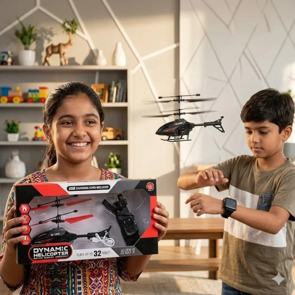 Children playing indoors with the dynamic wrist-controlled toy helicopter