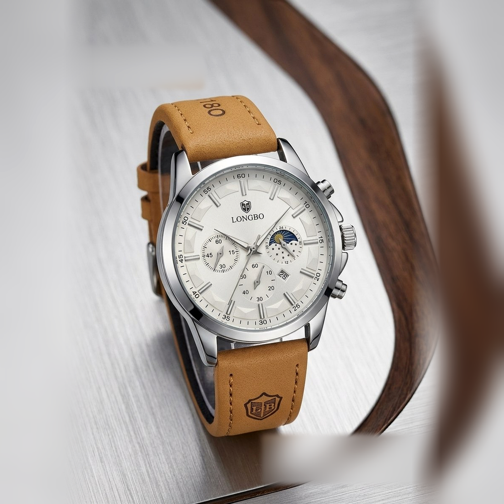 LONGBO Tan Leather-Look Men's Watch - #2223
