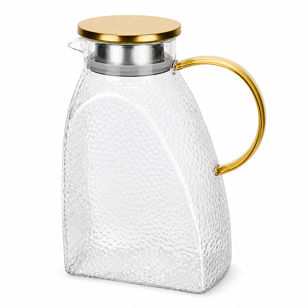 Gold-Handle Clear Textured Glass Pitcher