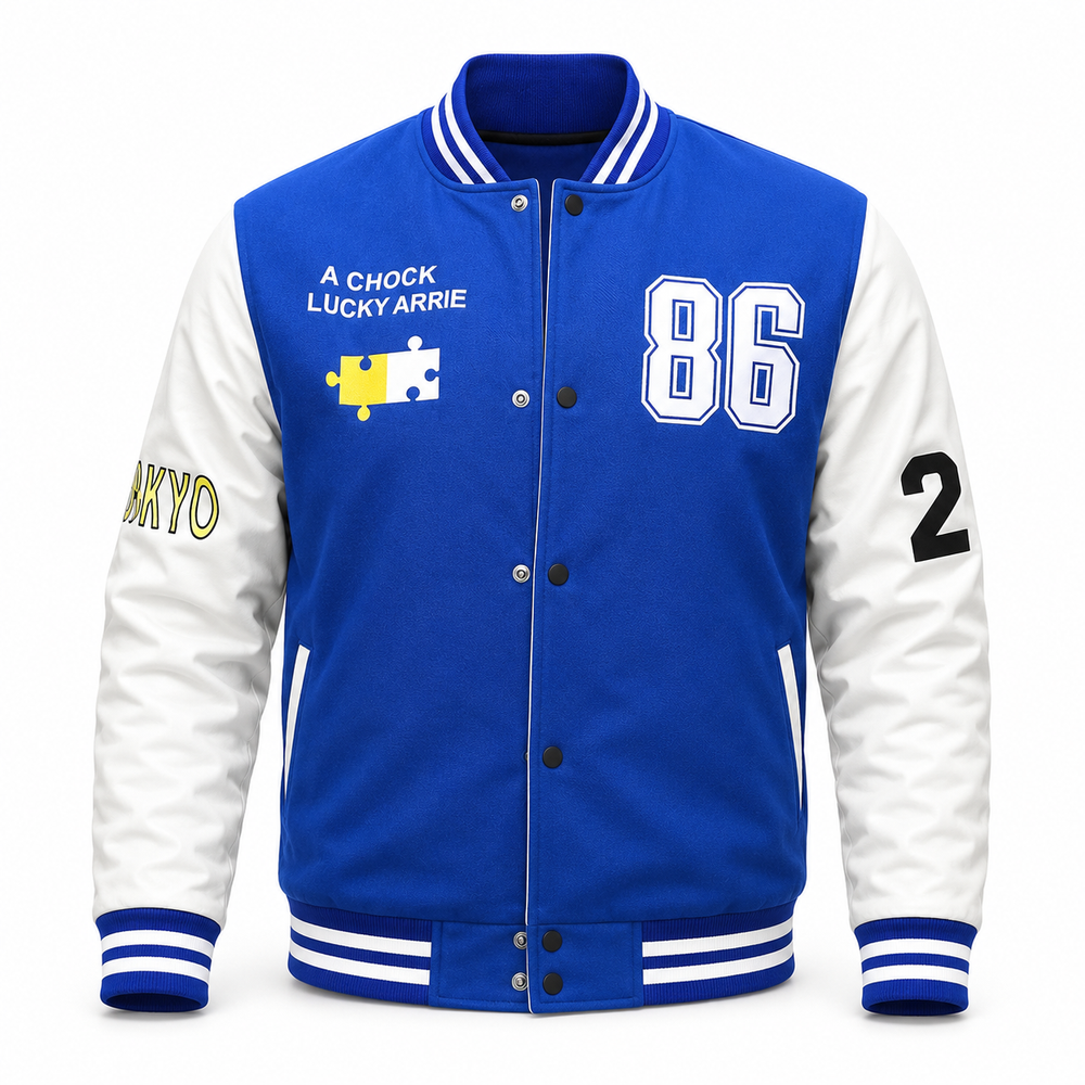 Men's Blue and White Graphic Varsity Jacket