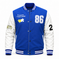 Blue and white graphic varsity jacket