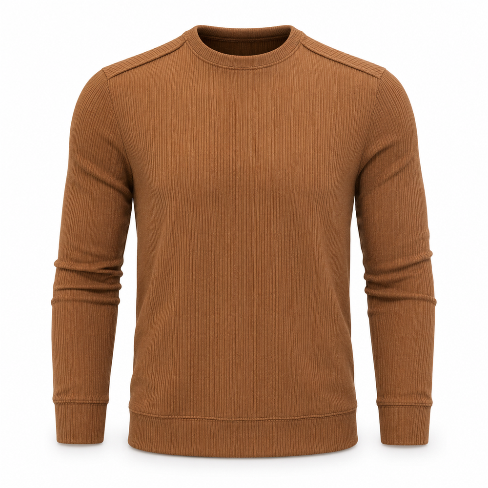 Men's Brown Ribbed Long-Sleeve Crew-Neck Top