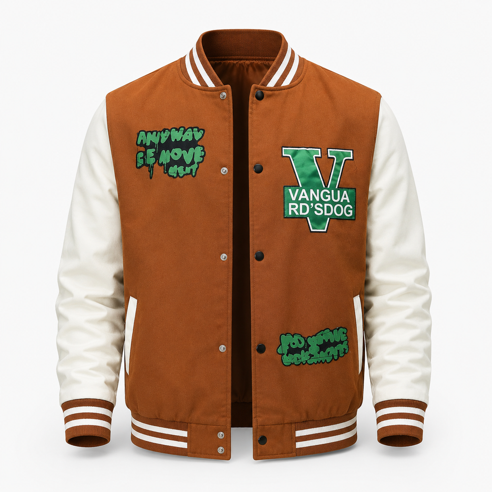Men's Brown and White Graphic Varsity Jacket
