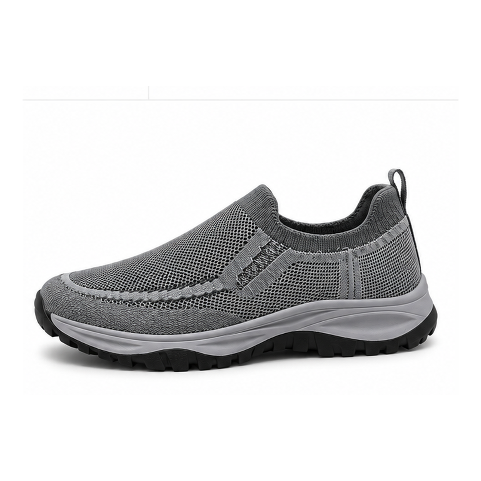 Gray knit slip-on walking shoe on a clean white background