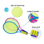 Blue and pink children's rackets showing soft mesh netting and foam comfort grips
