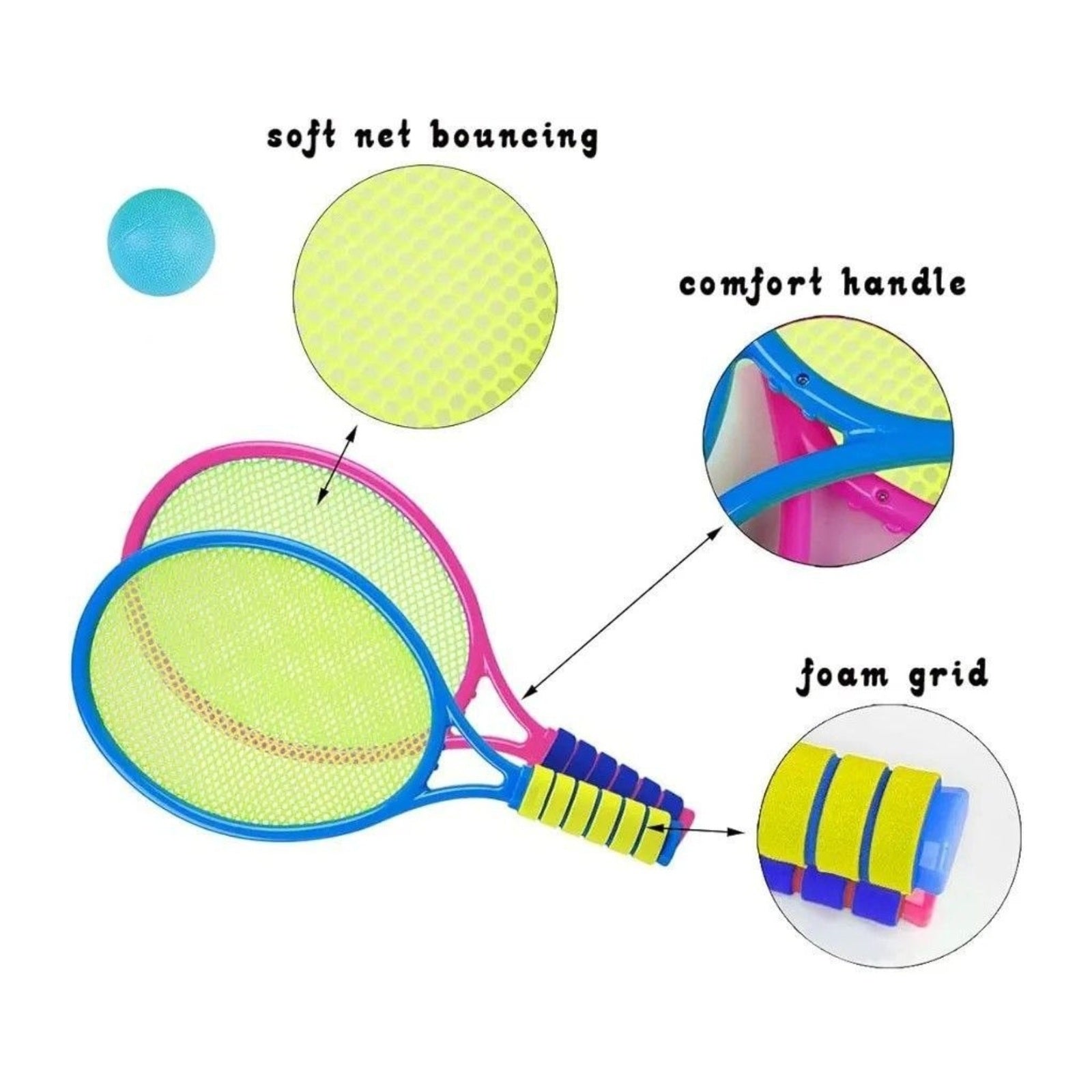 Blue and pink children's rackets showing soft mesh netting and foam comfort grips
