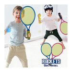 Children playing indoors with blue and pink soft-net rackets