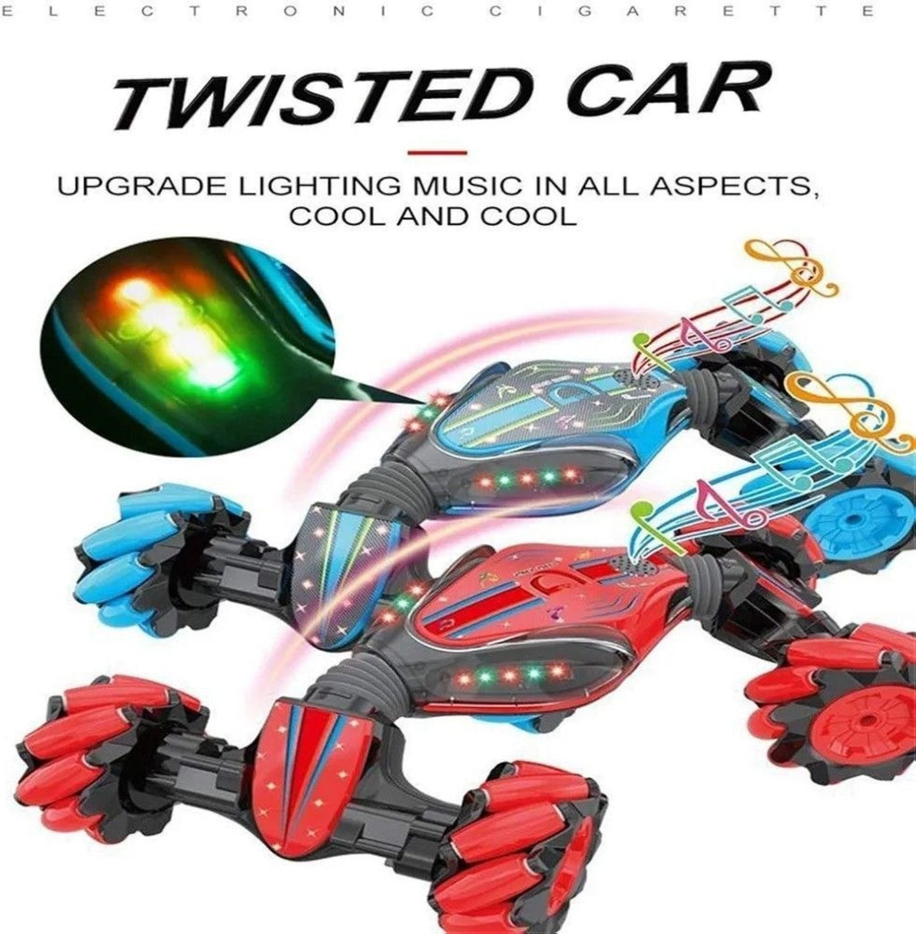 Laser transformable stunt car in red and blue with colorful lights and music