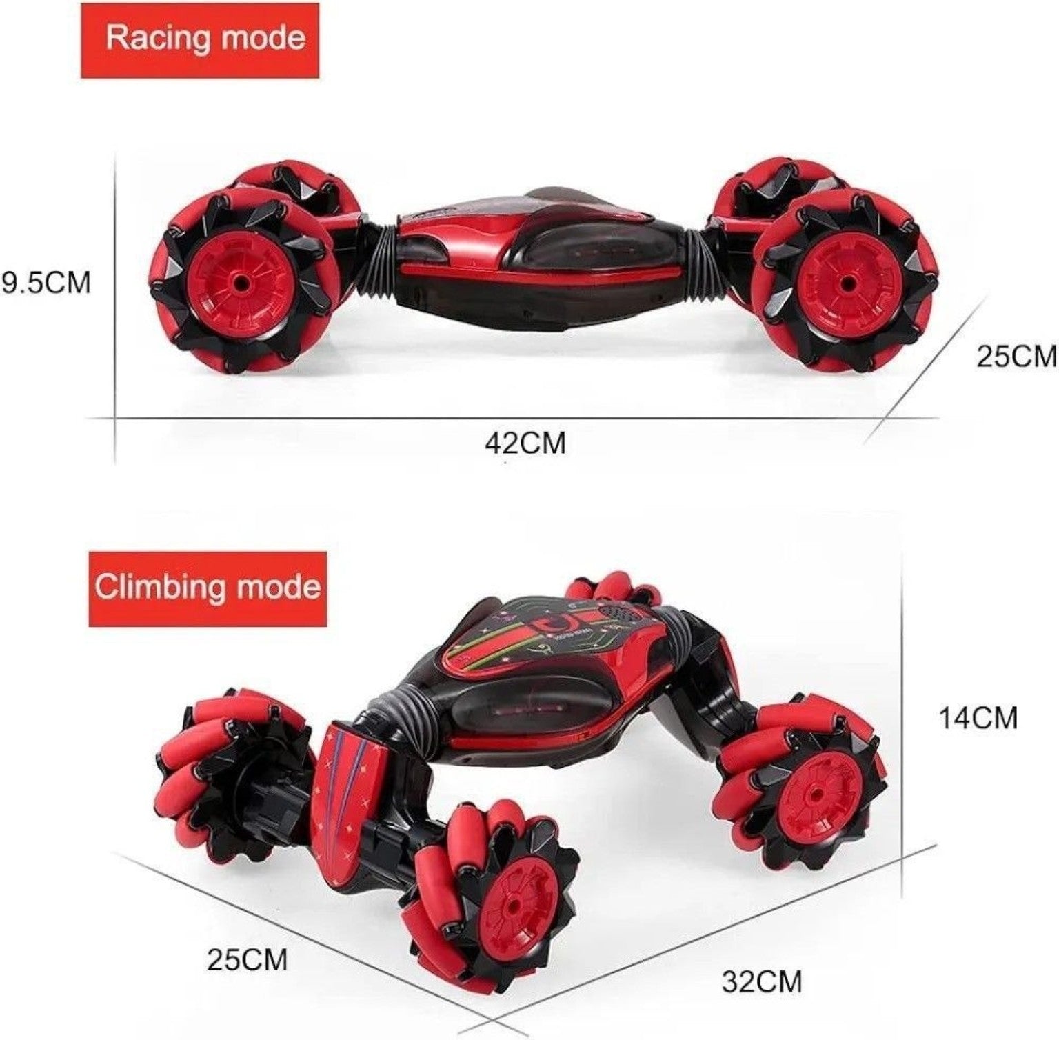 Laser stunt car racing and climbing modes with product dimensions