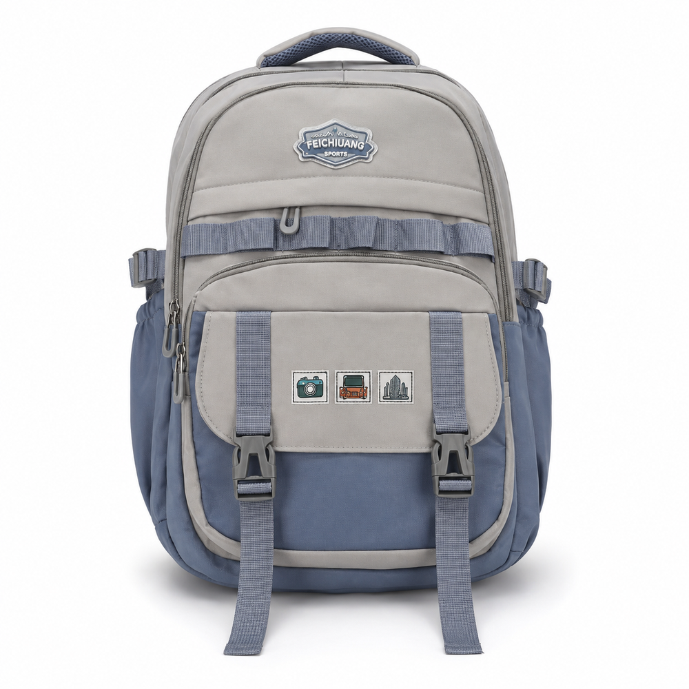 Gray Blue Multi-Pocket Backpack