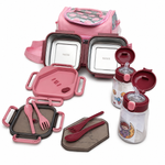 Open pink kids lunch set with included utensils
