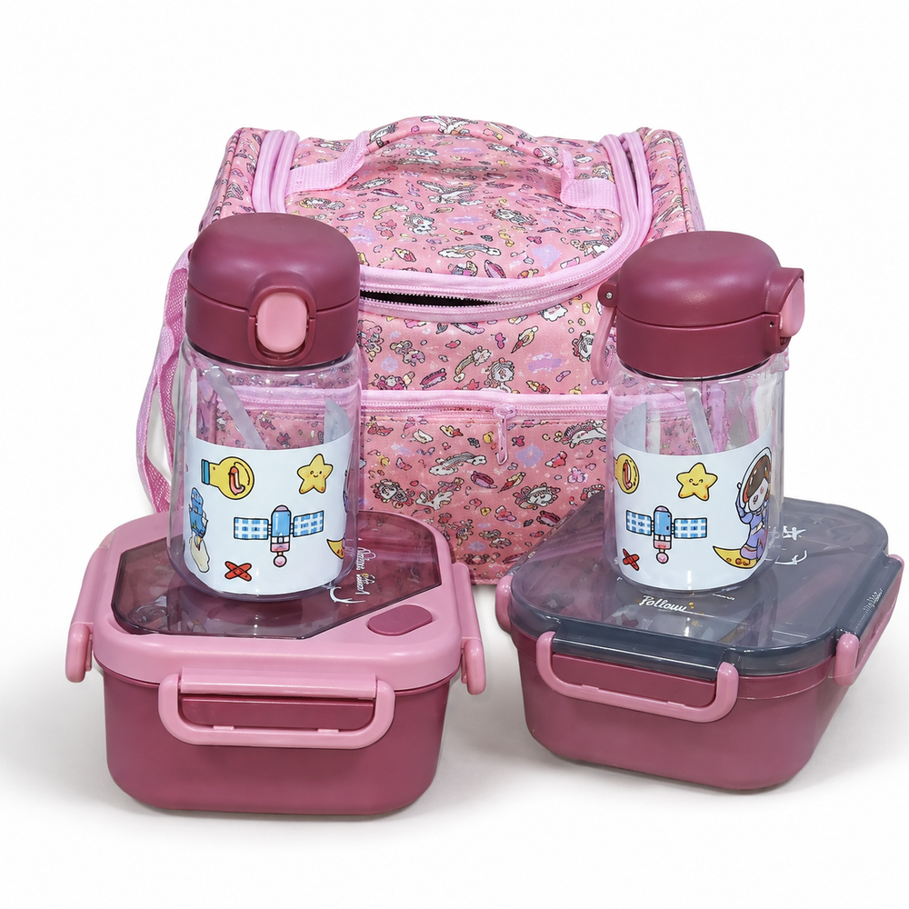 Pink Kids Lunch Set with Patterned Bag