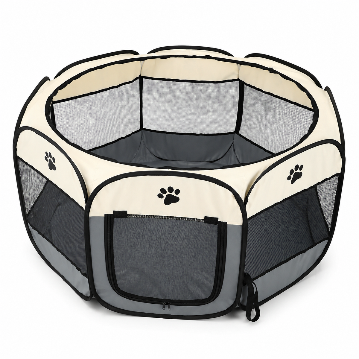 Cream black and gray octagonal foldable mesh pet playpen