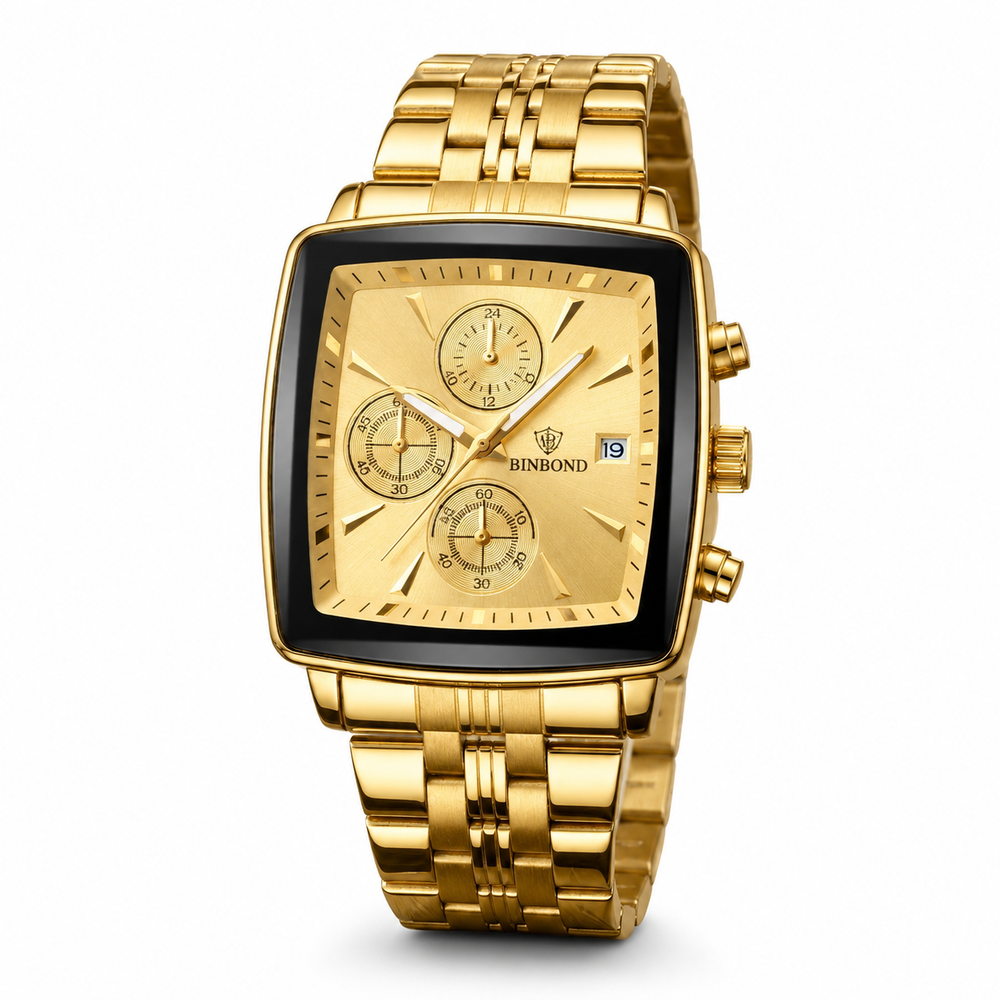 BINBOND Gold Square Chronograph-Style Men’s Watch – #2088