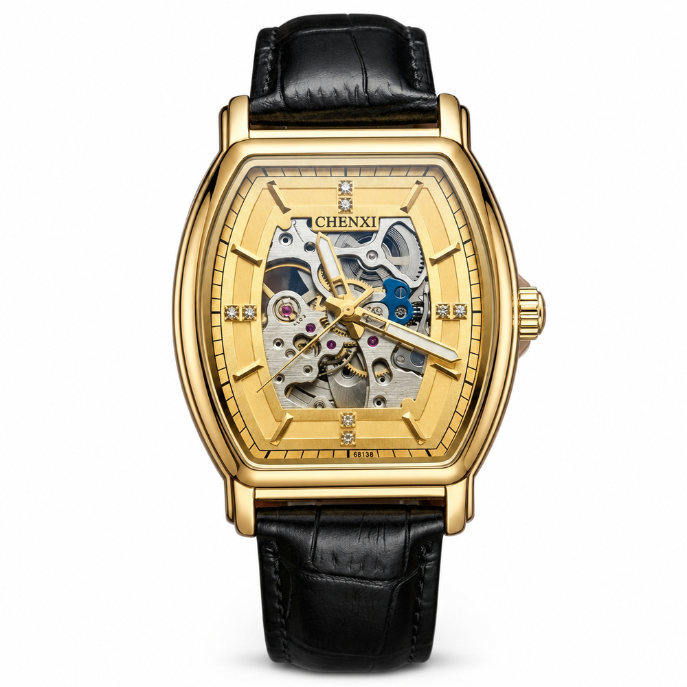 CHENXI Gold Skeleton Black Strap Men's Watch – #2083