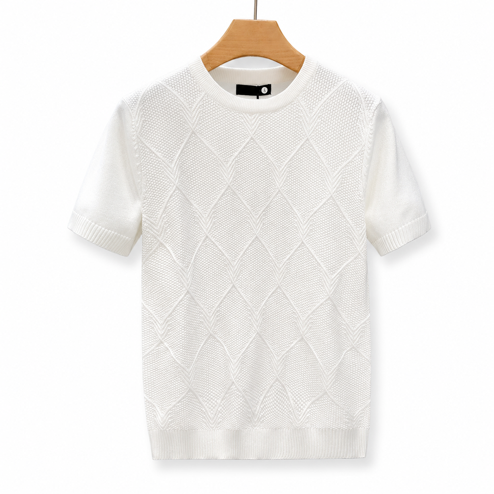Diamond Checkered White Short-Sleeve Sweater