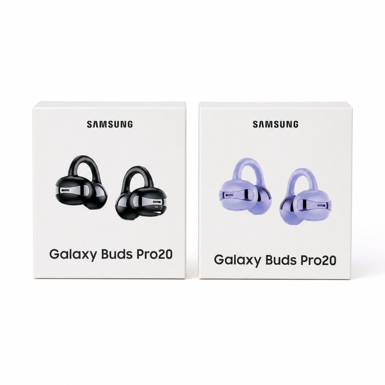Samsung Galaxy Buds Pro20 retail boxes in black and lavender