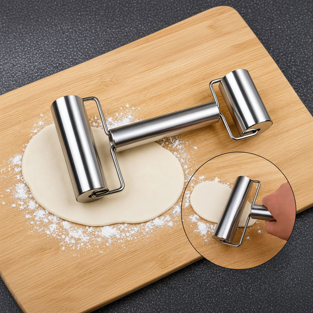 Stainless steel dough rolling pin on a flour-dusted wooden board