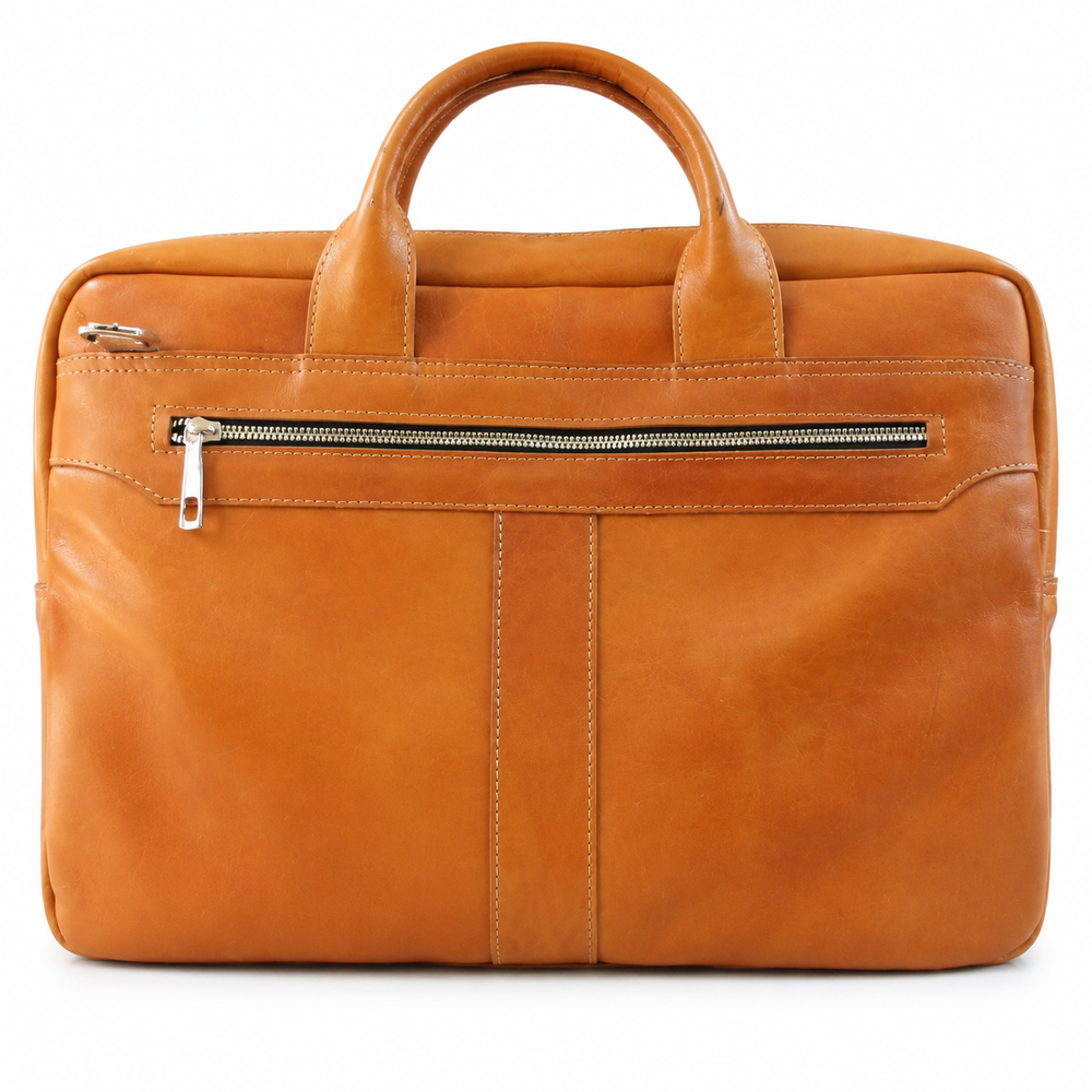Tan Double-Handle Front-Zip Briefcase Bag
