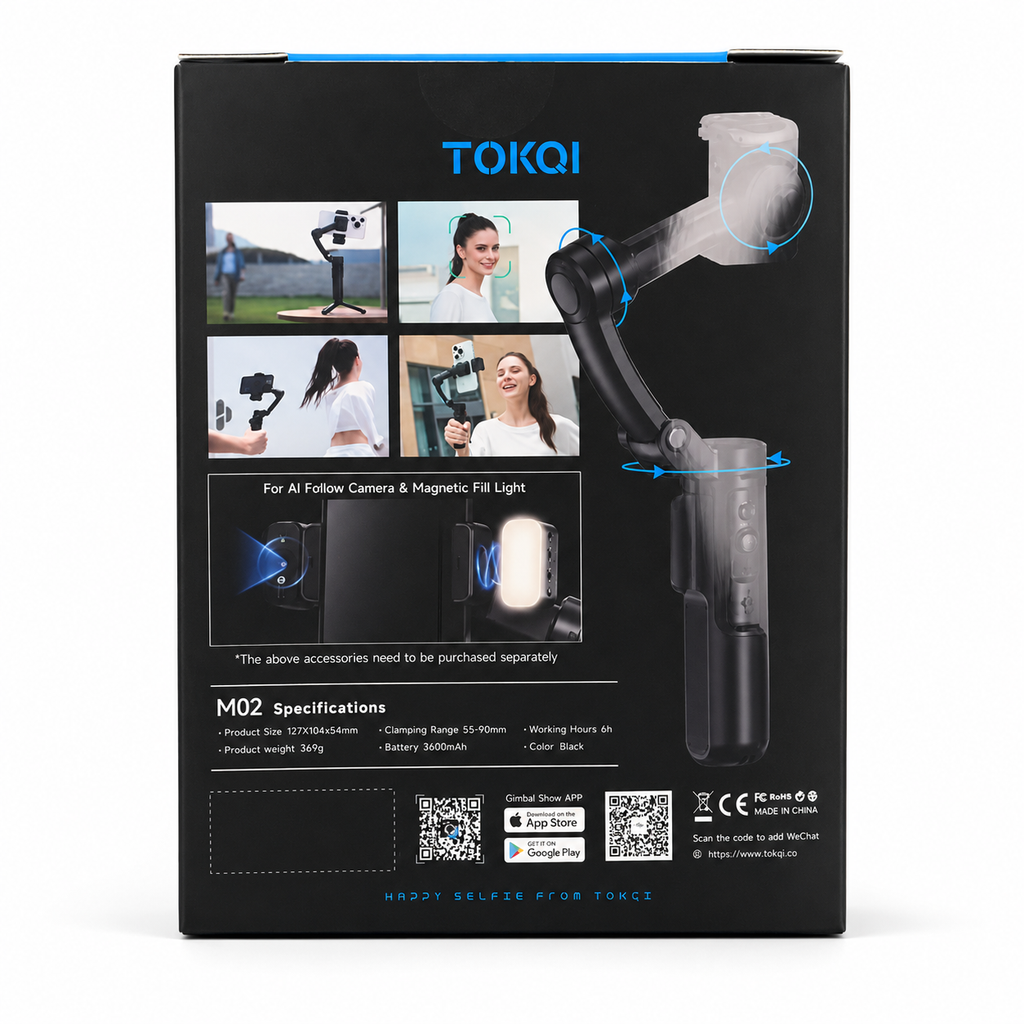 TOKQI M02 3-Axis Gimbal Stabilizer retail box back and specifications