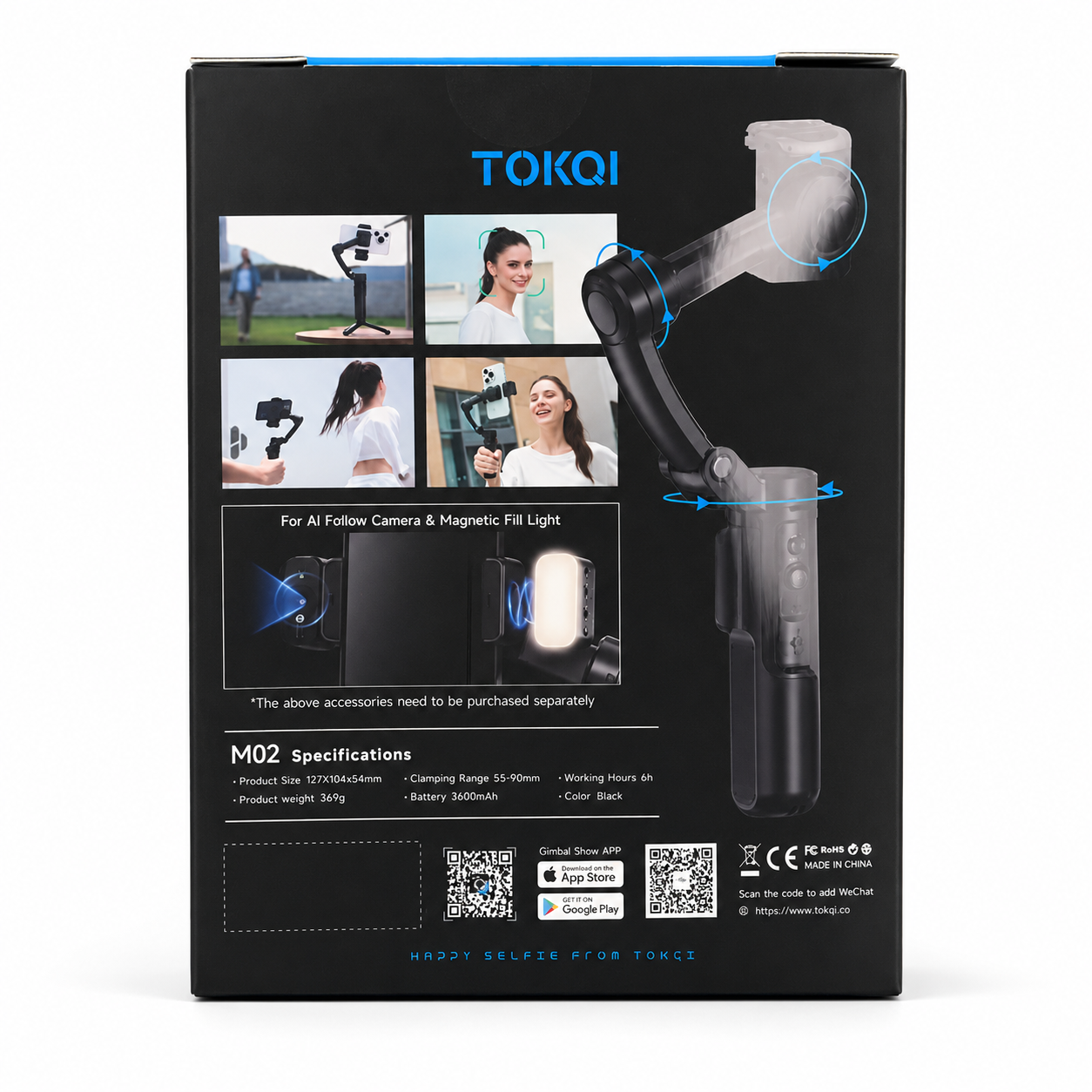 TOKQI M02 3-Axis Gimbal Stabilizer retail box back and specifications