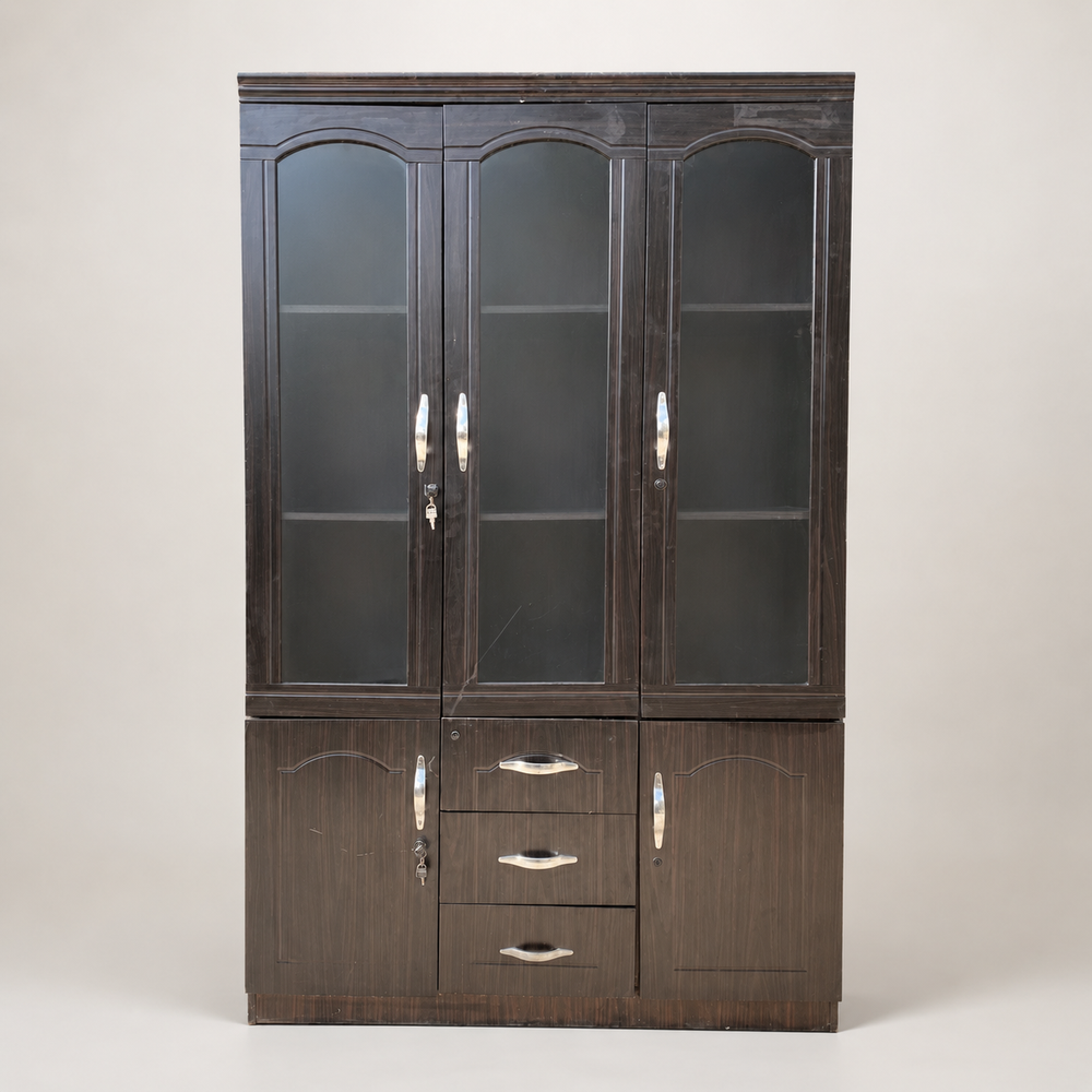 Used Dark Wood Glass-Door Office Cabinet