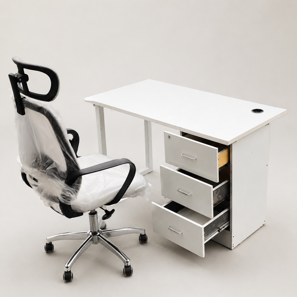 Used White Office Desk and Ergonomic Chair Set