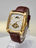 Gold rectangular automatic men's watch with white dial and brown leather strap, model 2021