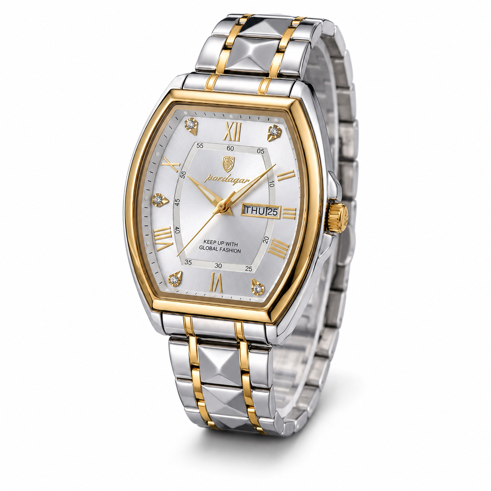 Poedagar Two-Tone White Tonneau Men's Watch – #2039