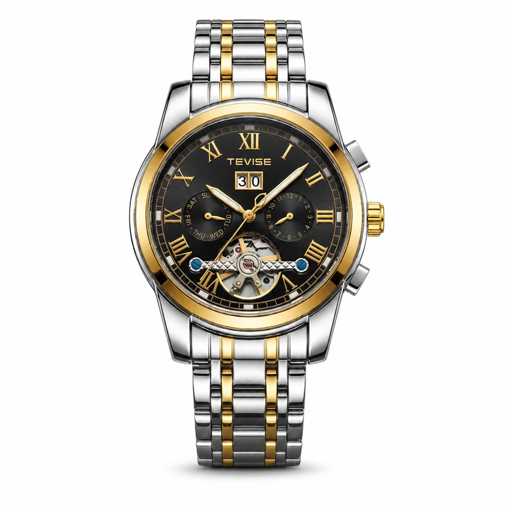 TEVISE Two-Tone Black Dial Men's Watch – #2043