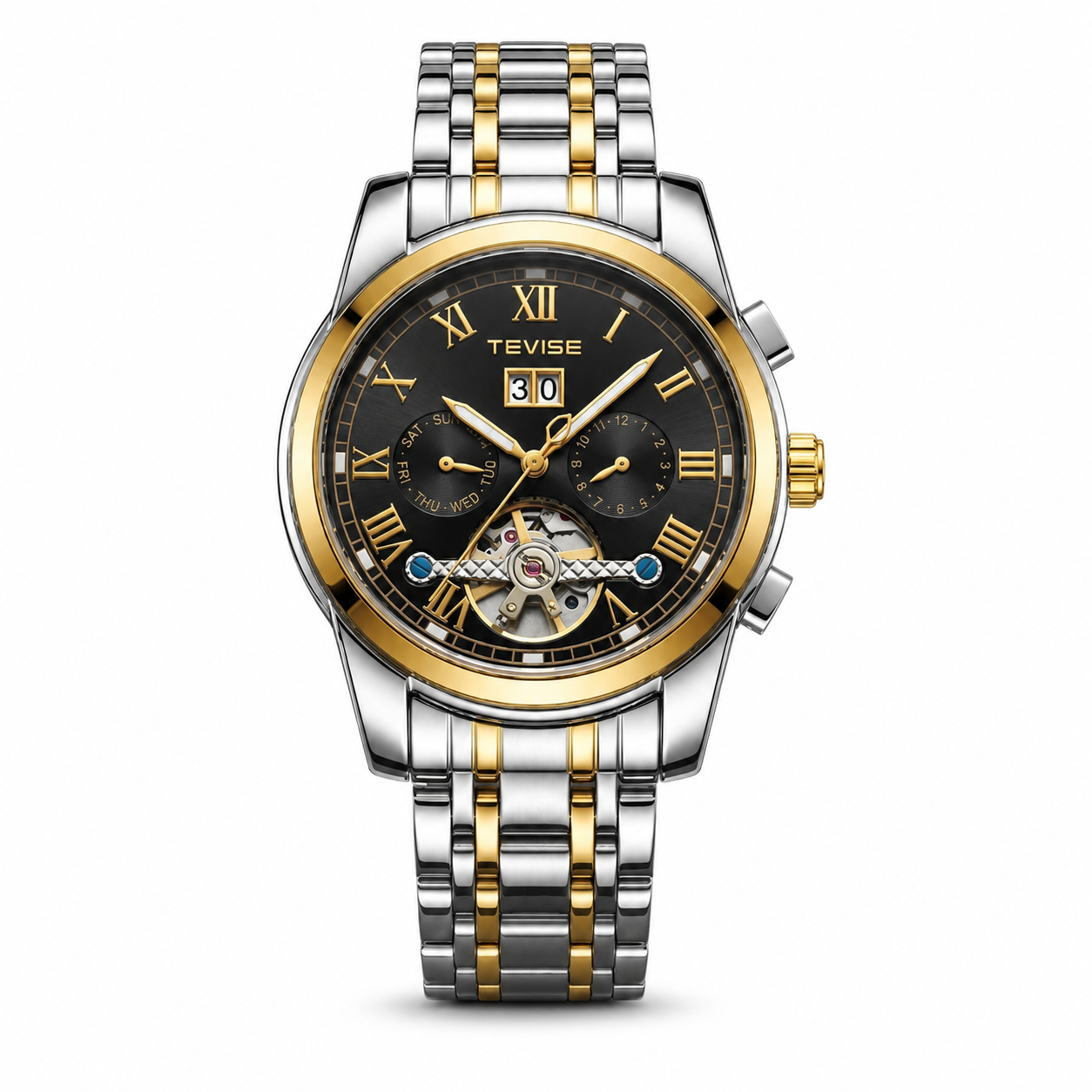 TEVISE Two-Tone Black Dial Men's Watch – clean white background